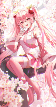 1girl :d bare_shoulders blurry blurry_background blush boots bow branch breasts cherry_blossoms cherry_hair_ornament commentary_request detached_sleeves flower food-themed_hair_ornament full_body hair_between_eyes hair_bobbles hair_bow hair_ornament hatsune_miku highres holding holding_flower in_tree long_hair long_sleeves looking_at_viewer medium_breasts necktie number_tattoo open_mouth outdoors pink_boots pink_eyes pink_flower pink_hair pink_necktie pink_skirt pink_sleeves pink_thighhighs pleated_skirt plus1024 sakura_miku shirt shoulder_tattoo sitting sitting_in_tree sitting_on_branch skirt sleeveless sleeveless_shirt smile solo tattoo teeth thigh_boots thighhighs tie_clip tree twintails upper_teeth_only very_long_hair vocaloid wide_sleeves zettai_ryouiki