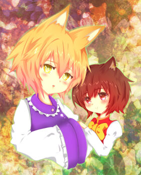 2girls animal_ears bad_id bad_pixiv_id chen female_focus kimera multiple_girls short_hair touhou upper_body yakumo_ran