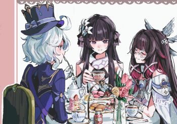 3girls bare_shoulders black_hair blue_hat blue_jacket cake cake_slice chair closed_eyes columbina_(genshin_impact) commentary_request commission cosplay cup dress eating eye_mask flower food fork furina_(genshin_impact) genshin_impact gloves hair_flower hair_ornament hair_ribbon hat highres holding holding_cup holding_fork jacket koharu_(sharkoharu) long_hair looking_at_viewer lumine_(genshin_impact) lumine_(genshin_impact)_(cosplay) macaron mask multicolored_hair multiple_girls on_chair original pink_hair purple_eyes ribbon saucer second-party_source short_hair sitting skeb_commission smile spoon table tea tea_party_(blue_archive) teacup teapot top_hat two-tone_hair utensil_in_mouth vase white_background white_dress white_gloves white_hair white_mask wing_hair_ornament x_x_(batttsu_404)