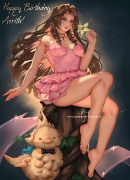 Rule 34 | 1girl, aerith gainsborough, baby animal, bare arms, bare shoulders, barefoot, bird, black bow, black bowtie, bow, bowtie, breasts, brown hair, character name, chick, chocobo, choker, dress, final fantasy, final fantasy vii, final fantasy vii rebirth, final fantasy vii remake, flower, flower choker, frilled dress, frills, full body, green eyes, happy, highres, holding, holding flower, long hair, looking at viewer, medium breasts, parted bangs, patreon username, pink dress, pink lips, short dress, sidelocks, signature, sitting, solo, sparkle, thighs, wei (promise 0820), yellow flower