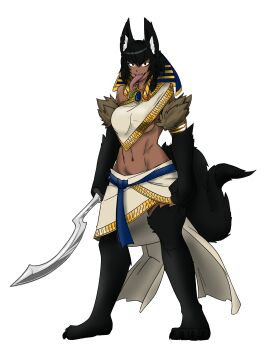1girl 2015 abs absurdres ancient_egyptian ancient_egyptian_clothes animal_ear_fluff animal_ears animal_legs anonymous_drawfag_(artist) black_fur bobanon braid breasts colorized commentary dark-skinned_female dark_skin egyptian_mythology english_commentary full_body highres jewelry khopesh less long_tongue midriff monster_girl monster_girl_encyclopedia navel neck original pelvic_curtain set_(less/bob) set_(mythology) sharp_teeth solo standing sword tail teeth tongue underboob vagabonds weapon wolf_ears wolf_girl wolf_paws wolf_tail
