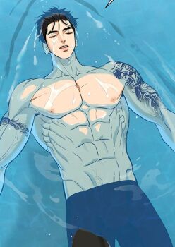 1boy abs arm_tattoo bara bare_pectorals black_hair bubble highres jinx_(manhwa) joo_jaekyung male_focus male_swimwear mingwa muscular muscular_male navel nipples partially_submerged pectorals pool short_hair solo tattoo topless_male water wet