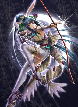 1girl animal_ears arrow_(projectile) bamboo blue_hair bow_(weapon) breasts cleavage copyright_name drawing_bow female_focus force_of_will holding holding_bow_(weapon) holding_weapon japanese_clothes leaf long_hair moon nagasaki_yuko official_art open_mouth platform_sandals ponytail quiver rabbit_ears red_eyes sandals solo thighhighs weapon