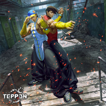 2boys adjusting_clothes adjusting_headwear back-to-back baggy_pants bare_shoulders baseball_cap beckoning black_hair black_pants bloom blue_hat brown_hair capcom character_request chinese_clothes clenched_hands copyright_logo copyright_name copyright_notice covered_pectorals crack cracked_floor cross-laced_shoes fighting_stance fingerless_gloves full_body gloves grey_shoes hairstyle_request hands_up hat highres indoors legs_apart light_particles logo looking_at_viewer low-cut_armhole multiple_boys muscular muscular_male official_art outstretched_arm pants pectorals pelvic_curtain ponytail ruins shirt shoes smirk standing watch white_shirt window window_shadow wristwatch yellow_gloves yellow_trim yu_cheng_hong