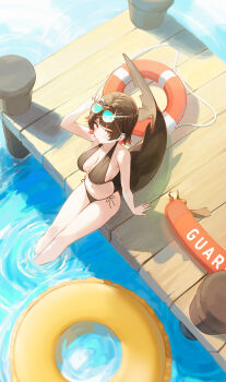 1girl absurdres alternate_costume bikini black_bikini breasts colored_inner_hair commentary day ellen_joe eyewear_on_head fins fish_tail from_above glasses highres innertube large_breasts lifebuoy looking_at_viewer looking_up multicolored_hair opm7760 pier red_eyes red_hair shark_girl shark_tail short_hair side-tie_bikini_bottom soaking_feet swim_ring swimsuit tail zenless_zone_zero