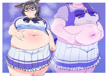 1girl animal_ears belly belly_grab big_belly black-framed_eyewear black_hair blue_background blue_bow blue_bowtie blue_eyes bow bowtie braid breasts commission crown_braid fat fat_woman frilled_skirt frills glasses hair_ornament hair_over_shoulder hands_on_own_stomach highres horse_ears horse_girl horse_tail horseshoe_ornament medium_breasts medium_hair midriff navel pout rrrrrrrchichichichichichinore school_uniform side_braid skeb_commission skirt solo sweat tail thick_thighs thighhighs thighs tight_clothes tracen_school_uniform umamusume white_skirt zenno_rob_roy_(umamusume)