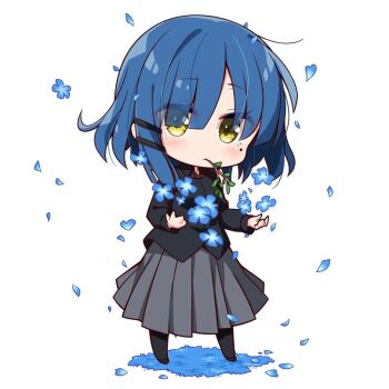 1girl black_pantyhose black_shirt blue_hair blush bocchi_the_rock! chibi chibi_only chika_(06chimika13) closed_mouth collared_shirt commentary_request full_body grey_skirt hair_ornament hairclip long_skirt long_sleeves looking_at_viewer mole mole_under_eye pantyhose parallel_hairclips pleated_skirt shirt short_hair simple_background skirt solo white_background yamada_ryo yellow_eyes