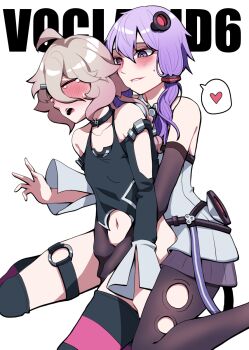 2girls bare_shoulders black_choker black_pantyhose black_shirt black_thighhighs blonde_hair blush choker commentary detached_sleeves dress english_commentary fingering grey_dress heart highres ia_(vocaloid) multiple_girls n0_image navel o-ring o-ring_thigh_strap open_mouth pantyhose parted_lips purple_eyes purple_hair shirt simple_background spoken_heart striped_clothes striped_thighhighs tears thigh_strap thighhighs twintails vocaloid voiceroid white_background yuri yuzuki_yukari