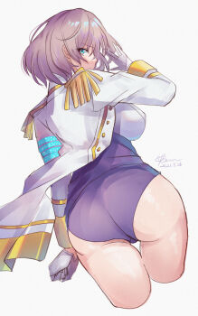1girl ass ass_focus blue_eyes bob_cut breasts corset gloves gridman_universe jacket kevn looking_at_viewer military_jacket military_uniform mujina purple_corset purple_shorts short_hair shorts simple_background ssss.dynazenon tassel thick_thighs thighs underbust white_jacket