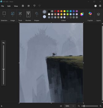 4others art_program_in_frame blurry christian_young cliff cloak commentary creature depth_of_field empty_eyes fog giant highres holding holding_staff horns looking_at_another microsoft_paint_(medium) microsoft_paint_(software) mini_person multiple_others original outdoors painterly scenery screencap shoulder_spikes spikes staff standing white_eyes wind wind_lift