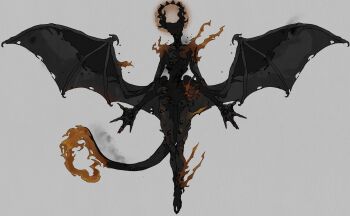 1other absurdres bat_wings commentary commission demon demon_horns demon_tail demon_wings english_commentary fire fire_halo highres horns long_hair ministerovvox original red_eyes simple_background solo tail wings