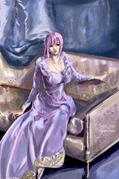 1girl absurdres bracelet commentary dress earrings highres instagram_username jewelry long_dress looking_to_the_side necklace one_piece open_mouth pearl_earrings pink_hair purple_dress rebecca_(one_piece) ring sidelocks sitting solo stupidtako