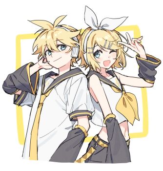 1boy 1girl arm_at_side armpit_crease back-to-back bare_shoulders bass_clef belt black_sailor_collar black_shorts black_sleeves blonde_hair blue_eyes bow bow_hairband closed_mouth collarbone crop_top cropped_legs cropped_torso detached_sleeves facing_viewer fingernails flat_chest hair_between_eyes hair_ornament hairband hairclip half-closed_eyes hand_on_headwear hand_up happy highres kagamine_len kagamine_rin light_blush light_smile looking_at_another looking_to_the_side midriff navel neckerchief necktie one_eye_closed open_mouth parallel_hairclips parted_bangs puffy_short_sleeves puffy_sleeves sailor_collar shirt short_hair short_sleeves shorts simple_background smm_gb square standing treble_clef two-tone_background upper_body v vocaloid white_background white_bow white_shirt wide_sleeves yellow_background yellow_belt yellow_nails yellow_neckerchief yellow_necktie