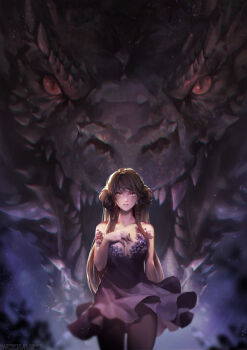 1girl arm_at_side artist_name bare_shoulders black_hair black_pantyhose breasts caesty clothes_lift collarbone cowboy_shot crystal_earrings detached_sleeves double_bun dragon dress dress_lift earrings hair_bun hand_on_own_chest jewelry light_particles long_hair looking_at_viewer medium_breasts night night_sky orange_eyes original outdoors pantyhose parted_lips purple_dress red_eyes sky very_long_hair watermark web_address wind wind_lift