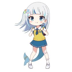 1girl :d animated bag bandaid bandaid_on_knee bandaid_on_leg blue_eyes blue_hair blue_necktie blue_shoes blue_skirt blue_tail blunt_bangs blush chibi collared_shirt dancing dudul female_focus fins fish_tail flat_chest full_body gawr_gura gawr_gura_(school_uniform) hair_ornament hololive hololive_english looking_at_viewer medium_hair miniskirt multicolored_hair necktie official_alternate_costume official_alternate_hairstyle official_art open_mouth parody pleated_skirt school_bag school_uniform shark_girl shark_hair_ornament shark_tail sharp_teeth shirt shoes short_necktie short_sleeves shukusei!!_loli-kami_requiem side_ponytail simple_background skirt smile socks solo standing streaked_hair tail tail_wagging teeth upper_teeth_only vest video virtual_youtuber white_background white_hair white_shirt white_shoes white_socks yellow_shirt yellow_vest