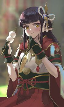 1girl :i absurdres bead_necklace beads black_gloves black_hair blunt_bangs blurry blurry_background blush commentary dango depth_of_field eyeshadow fewer_digits food gloves hair_ornament hakama highres hime_cut hinoa holding holding_food japanese_clothes jewelry kimono long_hair long_pointy_ears long_sidelocks looking_at_viewer makeup moggald monster_hunter_(series) monster_hunter_rise necklace nontraditional_miko partially_fingerless_gloves pointy_ears raised_eyebrows red_eyeshadow red_hakama sash sidelocks solo underbust wagashi white_kimono wide_sleeves yellow_eyes