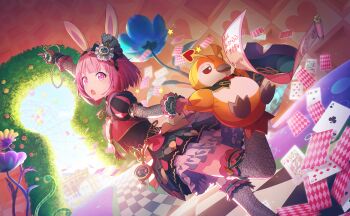 Rule 34 | 1girl, :o, ace (playing card), ace of clubs, animal ears, black thighhighs, card, carousel, character name, clock, club (shape), colorful palette, confetti, diamond (shape), dress, dutch angle, eight of hearts, fake animal ears, ferris wheel, five of clubs, flower, four of diamonds, game cg, gloves, highres, holding, holding clock, holding stuffed toy, joker (playing card), official alternate costume, official art, ootori emu, orange flower, phenny (project sekai), pink eyes, pink hair, playing card, project sekai, puffy short sleeves, puffy sleeves, queen (playing card), queen of spades (playing card), rabbit ears, red gloves, scroll, seven of clubs, short sleeves, six of clubs, solo, star (symbol), stuffed toy, ten of diamonds, thighhighs, third-party source, three of hearts, translation request, two of spades, wonder magical showtime! (project sekai), yellow flower