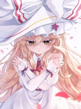 1girl blonde_hair bow breasts crossed_arms dress flower frilled_hair_tubes frills hair_bow hair_tubes hat hat_bow hat_ornament highres large_breasts long_hair petals red_bow red_flower red_ribbon ribbon skirt sleeveless solo star_(symbol) touhou touhou_lostword witch_hat yashikikoi yellow_eyes