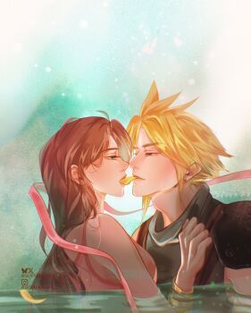 Rule 34 | 1boy, 1girl, aerith gainsborough, armor, bangle, black shirt, blonde hair, bluesky username, bracelet, breasts, brown hair, cloud strife, couple, dress, earrings, final fantasy, final fantasy vii, final fantasy vii rebirth, final fantasy vii remake, hair ribbon, half-closed eyes, hand on another's chest, hetero, highres, instagram username, jewelry, long hair, looking at another, medium breasts, parted bangs, partially submerged, pauldrons, petal in mouth, petals, pink dress, pink ribbon, ribbon, shirt, short hair, shoulder armor, single bare shoulder, single earring, single pauldron, sleeveless, sleeveless dress, sleeveless turtleneck, sophanova, spiked hair, suspenders, turtleneck, twitter username, untied ribbon, upper body, yellow petals