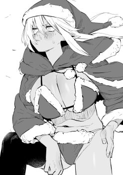 1girl bikini blush breasts commentary cropped_jacket elf fur-trimmed_bikini fur-trimmed_sleeves fur_trim greyscale groin hand_on_own_hip hand_on_own_leg hat highres hololive looking_to_the_side monochrome navel pointy_ears pom_pom_(clothes) runny_nose santa_bikini santa_costume santa_hat shiranui_flare snot solo swimsuit uzuradobin wind