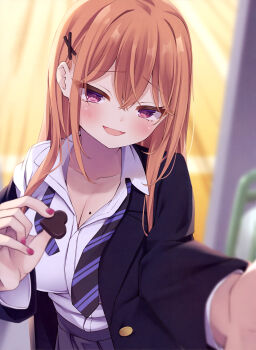 Rule 34 | 1girl, :d, absurdres, black necktie, blazer, blue jacket, blue necktie, blush, breasts, candy, chocolate, chocolate heart, cleavage, collarbone, collared shirt, dengeki moeoh, diagonal-striped clothes, diagonal-striped necktie, double-parted bangs, food, grey skirt, hair behind ear, hair between eyes, hair ornament, half-closed eyes, heart, heart-shaped food, highres, holding, holding chocolate, holding food, indoors, jacket, jacket partially removed, kulori, long hair, looking at viewer, magazine scan, mole, mole on breast, nail polish, necktie, open clothes, open jacket, open mouth, orange hair, original, partially unbuttoned, pink nails, pleated skirt, raised inner eyebrows, reaching, reaching towards viewer, red eyes, scan, school uniform, seductive smile, shirt, sidelocks, skirt, smile, solo, striped clothes, third-party source, two-tone necktie, undone necktie, upper body, valentine, white shirt, x hair ornament