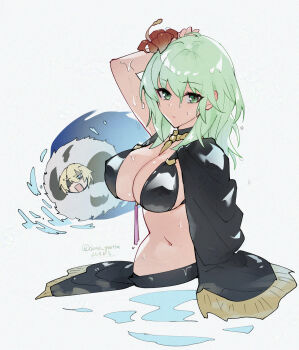 1boy 1girl arm_up bikini black_bikini black_cape blonde_hair blue_eyes breasts cape cleavage commentary_request dimitri_alexandre_blaiddyd eyepatch female_byleth_(awakened)_(fire_emblem) female_byleth_(fire_emblem) female_byleth_(summer)_(fire_emblem) fire_emblem fire_emblem:_three_houses fire_emblem_heroes flower green_eyes green_hair hair_between_eyes hair_flower hair_ornament hibiscus highres large_breasts long_hair looking_at_viewer meme_request navel nintendo official_alternate_costume open_mouth red_flower short_hair sidelocks simple_background single_bare_shoulder standing stomach swimsuit twitter_username wading water wet wet_hair yomos_gara