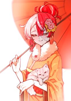 1girl absurdres animal cat colored_skin commentary elbow_gloves english_commentary fang fang_out flower fur_collar gloves grey_skin hair_between_eyes hair_bun hair_flower hair_ornament hair_up highres holding holding_animal holding_cat hololive hololive_indonesia japanese_clothes kghazir kimono kureiji_ollie kureiji_ollie_(new_year) light_blush looking_at_viewer multicolored_hair obi oil-paper_umbrella orange_kimono pink_hair red_hair sash simple_background single_hair_bun single_sidelock smile solo stitched_face stitches streaked_hair symbol-shaped_pupils tassel tassel_hair_ornament umbrella unmoving_pattern virtual_youtuber white_background white_gloves white_hair wide_sleeves x-shaped_pupils
