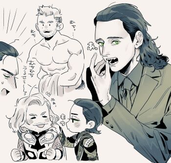 Rule 34 | 3boys, abs, beard, chanko neru, character request, check character, commentary request, facial hair, formal clothes, green eyes, greyscale, hair slicked back, loki (marvel), marvel, monochrome, multiple boys, multiple views, muscular, muscular male, necktie, short eyebrows, spot color, steve rogers, suit, thor (marvel), undercut