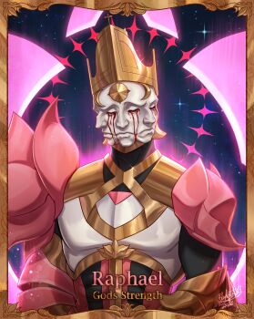 Rule 34 | 1other, absurdres, angel, armor, blood, bloody tears, blueartistic813, detached wings, energy wings, full armor, gold armor, helmet, highres, multiple faces, night, picture frame, raphael (ultrakill), shoulder armor, sky, star (sky), ultrakill, upper body, wings