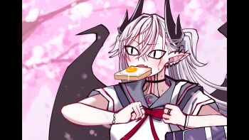 1girl bag bat_wings bread bread_slice cosplay demon_horns earrings egg fate/grand_order fate_(series) food food_in_mouth highres horns jewelry larva_tiamat_(fate) larva_tiamat_(fate)_(cosplay) larva_tiamat_(swimsuit_archer)_(second_ascension)_(fate) lilith_(fate) mcpc_zamurai mouth_hold neck_tattoo parody sailor_collar school_bag school_uniform single_earring solo tattoo tiamat_(fate) toast toast_in_mouth twintails white_hair wings