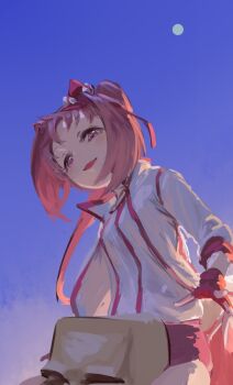 1girl animal_ears blush bow buruma ear_bow ear_covers flower-shaped_pupils flower_in_eye gloves hairband haru_urara_(bestest_prize)_(umamusume) haru_urara_(umamusume) headband highres horse_ears horse_girl horse_tail inishie_kumo jacket long_hair looking_at_viewer open_mouth pink_buruma pink_eyes pink_hair pink_headband ponytail red_buruma red_gloves red_headband shirt smile solo symbol-shaped_pupils symbol_in_eye tail umamusume