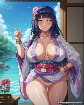 1girl ai-assisted artist_name bad_tag bird black_hair blue_hair blue_sky blunt_bangs blush bracelet breasts breasts_apart censored cleavage cleft_of_venus closed_mouth cloud collarbone cowboy_shot curvy day female female_focus floral_print flower gluteal_fold hair_flower hair_ornament hand_on_own_hip heart heart_censor highres hyuuga_hinata index_finger_raised japanese_clothes jewelry kimono large_breasts long_hair long_sleeves looking_at_viewer naruto naruto_(series) no_bra no_panties no_pupils obi outdoors patreon_username pink_flower plant purple_eyes purple_hair pussy robe rock sash sky solo standing thick_thighs thigh_gap thighs traditional_clothes waifuai_studio water watermark web_address wet wet_clothes white_eyes white_kimono wide_hips wide_sleeves