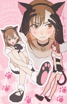 Rule 34 | 1girl, absurdres, animal ear hairband, animal ears, animal hands, arm on own leg, arm scrunchie, back, bell, black choker, black gloves, black shirt, black shoes, black shorts, blush, brown eyes, brown hair, cat ear hairband, cat ears, cat paws, cat tail, choker, clenched teeth, closed mouth, commentary request, crop top, crossed arms, dated, english text, fake animal ears, from behind, full body, fur-trimmed gloves, fur-trimmed shirt, fur-trimmed shoes, fur-trimmed shorts, fur trim, gloves, hair over one eye, hairband, highres, looking at viewer, looking to the side, medium hair, midriff, misaka mikoto, multiple views, neck bell, okaokaokaoooo, open mouth, paw print, pink background, portrait, shirt, shoes, shorts, simple background, single paw pose, solo, tail, teeth, toaru kagaku no railgun, toaru majutsu no index, twitter username, whiskers