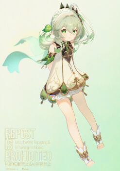 1girl absurdres arms_behind_back bare_shoulders cape closed_mouth commentary_request cross-shaped_pupils detached_sleeves dress full_body genshin_impact gold_trim gradient_background gradient_hair green_background green_cape green_eyes green_hair green_sleeves hair_between_eyes hair_ornament highres leaf_hair_ornament long_hair looking_at_viewer moika multicolored_hair nahida_(genshin_impact) partial_commentary pointy_ears sleeveless sleeveless_dress smile solo stirrup_legwear symbol-shaped_pupils toeless_legwear toes white_dress white_hair