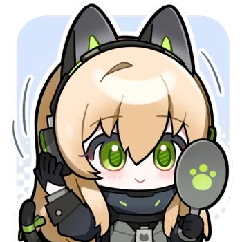 Rule 34 | 1girl, animal ear headphones, animal ears, artist request, blonde hair, cat ear headphones, cat ears, fake animal ears, girls' frontline, girls' frontline 2: exilium, green eyes, harpsy (girls' frontline 2), headphones, holding, holding mirror, lowres, mirror, official art, second-party source, smile, solo, tmp (girls' frontline)
