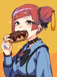 Rule 34 | 1girl, ben-day dots, black bow, black choker, blue nails, blunt bangs, blunt sidelocks, bow, bowtie, choker, collared shirt, double bun, doughnut, ear piercing, earclip, earrings, food, food-themed hair ornament, food in mouth, frilled shirt, frills, gem, hair bun, hair ornament, hair ribbon, hairclip, highres, holding, holding food, jewelry, lace, lace choker, laufen (sousou no frieren), light blush, looking at viewer, multiple rings, nail polish, orange background, orange eyes, piercing, red gemstone, red hair, ribbon, ring, screentones, shirt, solo, sousou no frieren, stud earrings, tassel, tassel hair ornament, teeth, upper body, upper teeth only, white shirt, yami anko