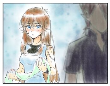 1boy 1girl ayan_ip black_shirt blue_eyes blue_oak blue_shirt border breasts brown_hair commentary_request eyelashes green_(pokemon) hair_between_eyes highres holding holding_towel long_hair nintendo pokemon pokemon_adventures shirt short_sleeves sidelocks sleeveless sleeveless_shirt sweat towel white_border