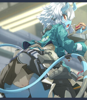 ama_rei blue_skin blush colored_skin commentary_request eating food highres horns jacket oni open_mouth panties pantyshot pastry pointy_ears red_eyes short_hair sidelocks skirt soukaku_(zenless_zone_zero) underwear white_hair white_panties zenless_zone_zero