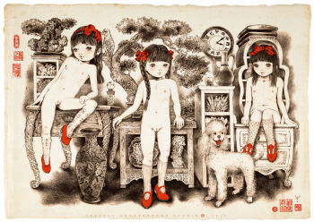 10s 2016 bird black_hair blush bonsai bow braid cleft_of_venus clock dog eyelashes female_focus flat_chest fractal_underground_studio full_body loli looking_at_viewer mary_janes multiple_girls navel nipples nude parrot poodle pussy rock shoes sitting socks tongue tree uncensored vase