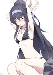Rule 34 | 1girl, absurdres, arm up, armpits, bikini, black bikini, blue archive, blue hairband, breasts, closed eyes, closed mouth, collarbone, commentary, hair between eyes, hairband, halo, highres, jewelry, long hair, makicha (sasurainopink), making-of available, navel, necklace, o-ring, o-ring bikini, o-ring top, official alternate costume, ponytail, simple background, sitting, small breasts, solo, stretching, swimsuit, trembling, ui (blue archive), ui (swimsuit) (blue archive), very long hair, wet, white background, yellow halo