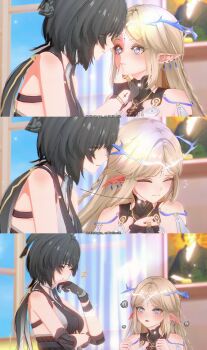 2girls 3d absurdres black_gloves black_hair blonde_hair blue_eyes blush cartethyia_(wuthering_waves) closed_eyes closed_mouth commentary ear_blush earrings embarrassed english_commentary female_rover_(wuthering_waves) finger_to_another's_mouth gloves highres indoors jewelry long_hair multiple_girls painting_(object) parted_lips partially_fingerless_gloves pointy_ears rover_(wuthering_waves) shinshogun smile twitter_username window wuthering_waves yuri