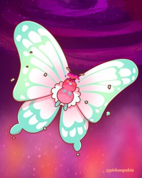Rule 34 | alternate color, antennae, butterfly wings, butterfree, commentary, dynamax, english commentary, fangs, flying, full body, gen 1 pokemon, gigantamax, gigantamax butterfree, highres, insect wings, instagram username, nintendo, no humans, pinkeepokie, pokemon, pokemon (anime), pokemon (classic anime), purple clouds, solo, wings