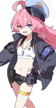 1girl ahoge alternate_costume armband belt_pouch black_gloves black_jacket blue_archive blue_armband blue_eyes blue_hat breasts cowboy_shot fang fingerless_gloves gloves halo hand_on_own_hip hat heterochromia highres hoshino_(blue_archive) ideolo jacket long_hair looking_at_viewer midriff navel open_clothes open_jacket open_mouth peaked_cap pink_hair police_hat pouch simple_background small_breasts smile solo sports_bikini v-shaped_eyebrows white_background