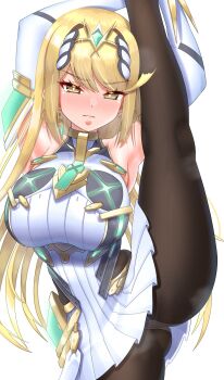 1girl black_pantyhose blonde_hair breasts chest_jewel core_crystal_(xenoblade) cowboy_shot dress highres large_breasts long_hair meipasuye microdress mythra_(massive_melee)_(xenoblade) mythra_(xenoblade) panties panties_under_pantyhose pantyhose simple_background solo split standing standing_on_one_leg standing_split tiara underwear white_background white_dress white_panties xenoblade_chronicles_(series) xenoblade_chronicles_2 yellow_eyes