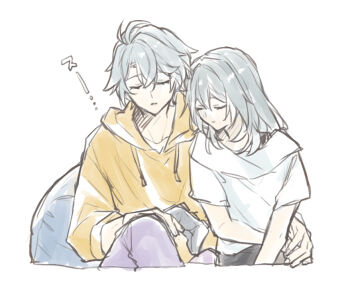 1boy 1girl grey_hair hair_between_eyes honkai:_star_rail honkai_(series) hood hoodie medium_hair mugicha_cold official_alternate_costume phainon_(hello_world!)_(honkai:_star_rail) phainon_(honkai:_star_rail) sleeping stelle_(honkai:_star_rail) trailblazer_(honkai:_star_rail) white_background white_hair
