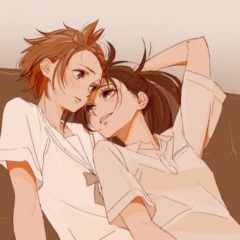 1girl 2girls 55bata6rou arm_behind_head arm_up black_hair brown_eyes brown_hair collared_shirt eye_contact eyelashes bad_tag highres kamisaki_hikaru long_hair looking_at_another medalist_(manga) multiple_girls ponytail shirt short_hair short_sleeves smile upper_body white_shirt yuitsuka_inori