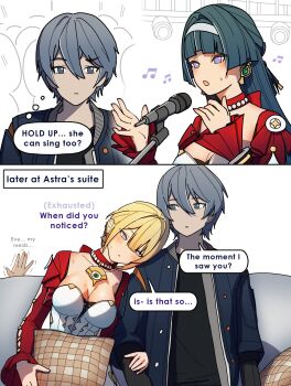 1boy 2girls absurdres astra_yao astra_yao_(cosplay) black_hair blonde_hair blunt_sidelocks breasts commentary cosplay dorahdew dress english_commentary evelyn_chevalier gloves hairband half_gloves highres jackets jewelry large_breasts long_hair looking_at_viewer multiple_girls red_eyes red_shrug ring_hair_ornament shrug_(clothing) sidelocks single_half_glove smile solo thigh_beads uneven_bangs white_hairband wise_(zenless_zone_zero) zenless_zone_zero