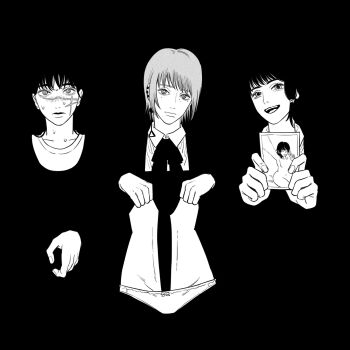 3girls chainsaw_man clothes_lift collared_shirt death_devil_(chainsaw_man) dress dress_lift earrings facial_scar fami_(chainsaw_man) fourth_east_high_school_uniform greyscale highres holding holding_photo jewelry kiunchiku looking_at_viewer medium_hair mifune_fumiko monochrome multiple_girls panties photo_(object) polaroid_photo ringed_eyes scar scar_on_cheek scar_on_face scar_on_nose school_uniform shirt underwear yoru_(chainsaw_man)