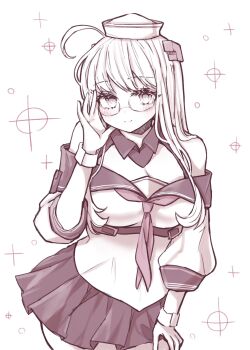 Rule 34 | 1girl, ahoge, black sailor collar, black skirt, blue eyes, breasts, cleavage, cowboy shot, dixie cup hat, glasses, gloves, grey hair, hat, headgear, heywood l. edwards (kancolle), highres, kantai collection, long hair, looking at viewer, medium breasts, military hat, nagi kantai114, neckerchief, off-shoulder shirt, off shoulder, pink neckerchief, sailor collar, school uniform, serafuku, shirt, skirt, solo, white gloves