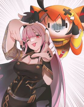 Rule 34 | 2girls, absurdres, ahoge, animal ear hood, black dress, black nails, black tiara, blunt bangs, bracer, breasts, brown hair, chibi, cleavage, commentary, detached sleeves, dress, english commentary, eyebrows hidden by hair, fake animal ears, gigi murin, gigi murin (1st costume), highres, hololive, hololive english, hood, hoodie, insfidelie, large breasts, long dress, long hair, looking at viewer, mori calliope, mori calliope (1st costume), multicolored hair, multiple girls, nail polish, one eye closed, orange hoodie, pink eyes, pink hair, see-through clothes, see-through sleeves, sidelocks, simple background, single detached sleeve, sleeveless, sleeveless dress, straight hair, tiara, tongue, tongue out, two-tone hair, upper body, virtual youtuber